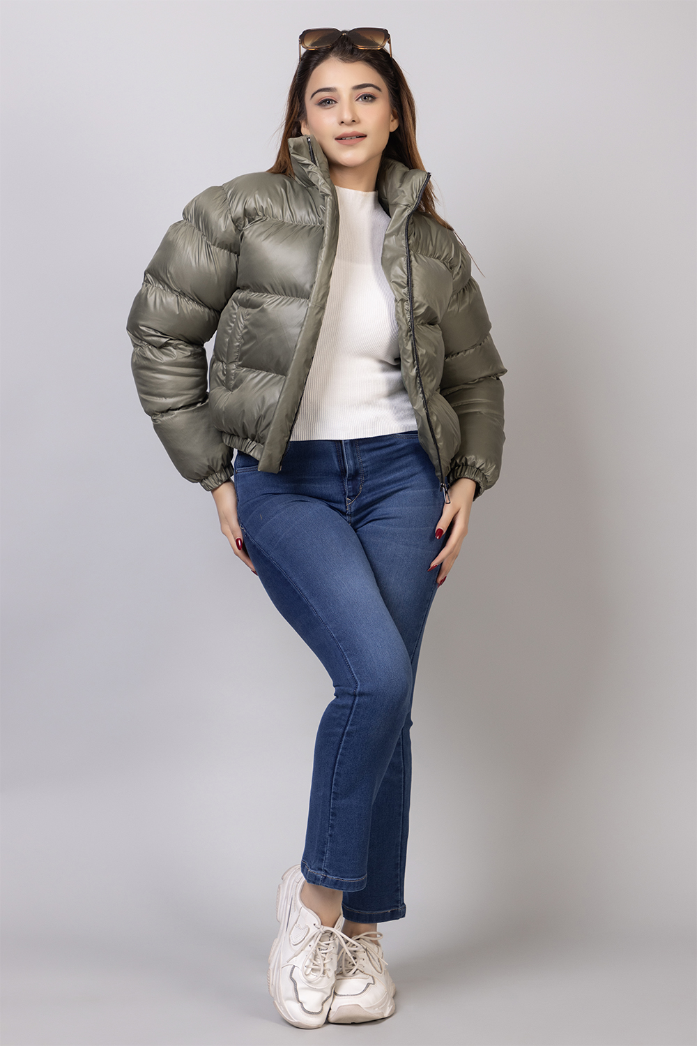 Metal Green Puffer Jacket for Women