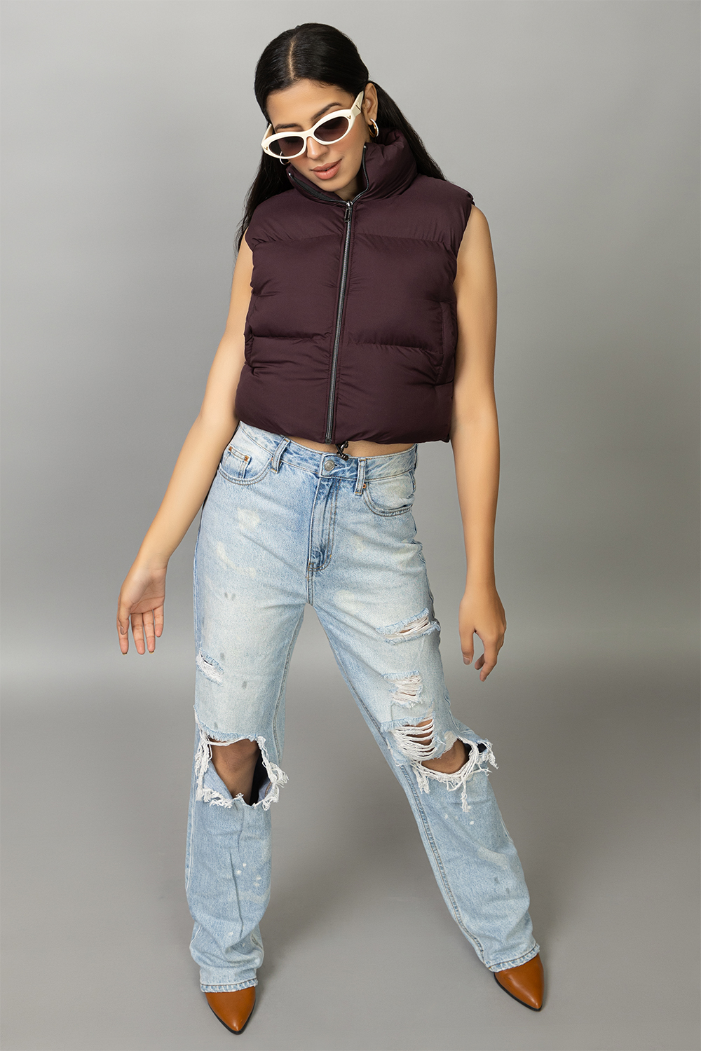 WINE SLEEVELESS PUFFER JACKET